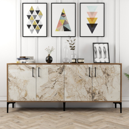 Console d'Entrée avec Étagères - 180 x 78 x 35 cm - Noyer et Effet Marbre Blanc