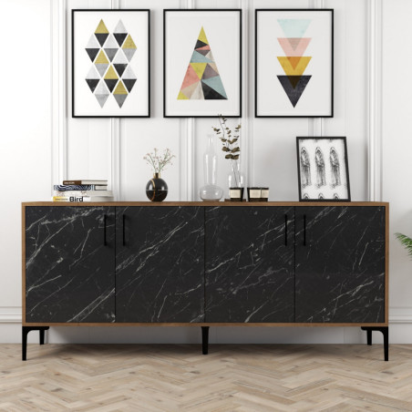 Console d'Entrée avec Étagères - 180 x 78 x 35 cm - Noyer et Effet Marbre Noir