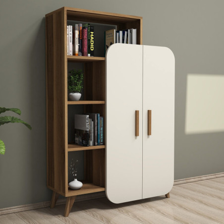 Bibliothèque avec Étagères - 90 x 132 x 32 cm - Noyer et Crème