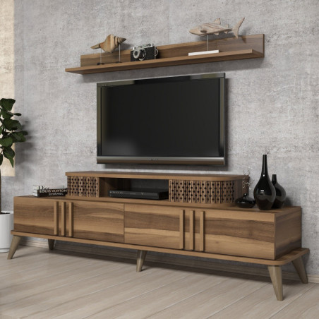 Ensemble Meuble TV avec Étagère Murale - 168 x 52 x 39 cm - Noyer