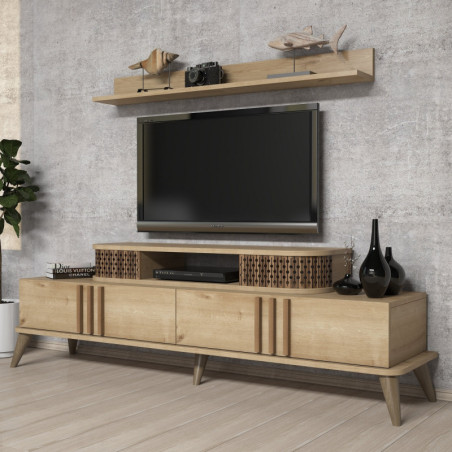 Ensemble Meuble TV avec Étagère Murale - 168 x 52 x 39 cm - Décor Chêne