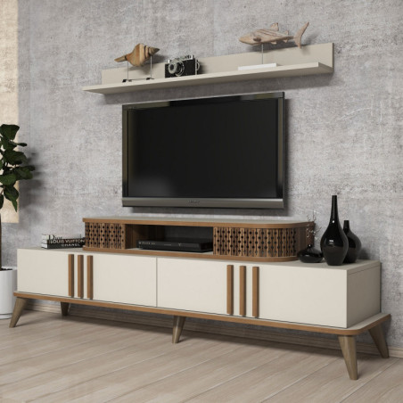 Ensemble Meuble TV avec Étagère Murale - 168 x 52 x 39 cm - Crème
