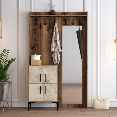 Vestiaire d'Entrée avec Porte-Manteau et Poignée Métallique - 120 x 200 x 35 cm - Noyer et Effet Marbre Blanc