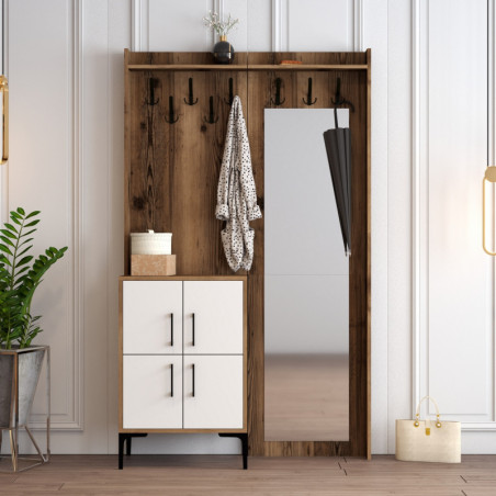 Vestiaire d'Entrée avec Porte-Manteau et Poignée Métallique - 120 x 200 x 35 cm - Noyer et Blanc