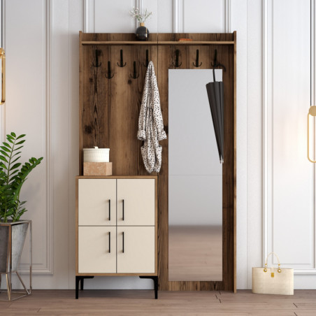 Vestiaire d'Entrée avec Porte-Manteau et Poignée Métallique - 120 x 200 x 35 cm - Noyer et Crème