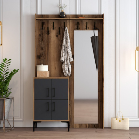 Vestiaire d'Entrée avec Porte-Manteau et Poignée Métallique - 120 x 200 x 35 cm - Noyer et Anthracite
