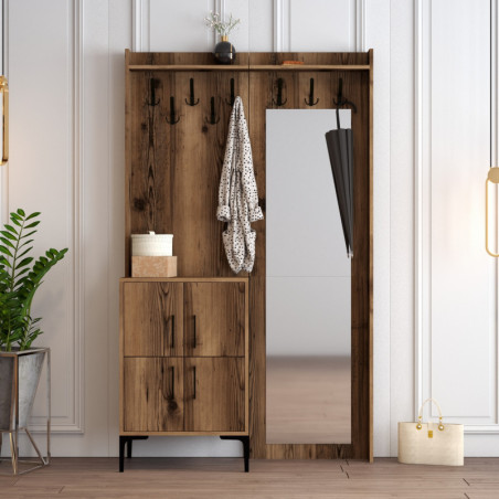 Vestiaire d'Entrée avec Porte-Manteau et Poignée Métallique - 120 x 200 x 35 cm - Noyer
