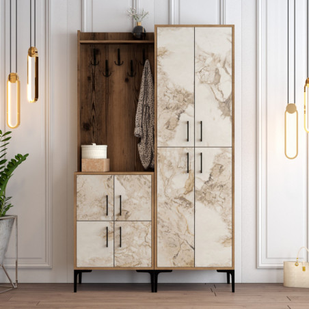 Vestiaire d'Entrée avec Porte-Manteau et Poignée Plastique - 120 x 200 x 35 cm - Noyer et Effet Marbre Blanc