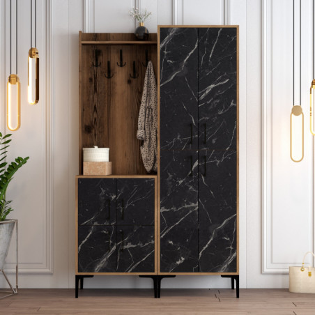 Vestiaire d'Entrée avec Porte-Manteau et Poignée Plastique - 120 x 200 x 35 cm - Noyer et Effet Marbre Noir