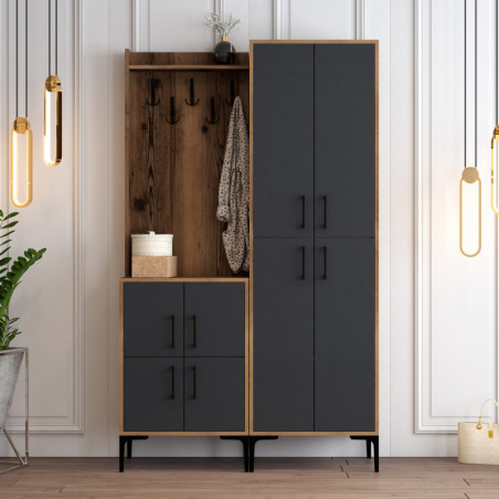 Vestiaire d'Entrée avec Porte-Manteau et Poignée Plastique - 120 x 200 x 35 cm - Noyer et Anthracite
