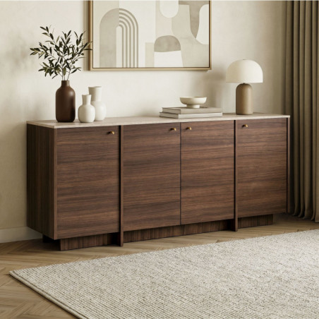 Console d'Entrée - 180 x 82 x 45 cm - Effet Travertin et Décor Noyer