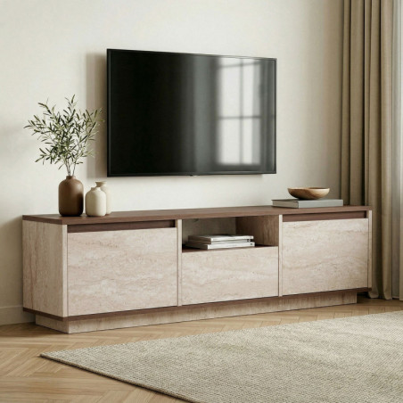 Meuble TV - 160 x 42 x 30 cm - Effet Travertin et Décor Noyer