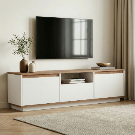 Meuble TV - 160 x 42 x 30 cm - Décor Pin Atlantique et Blanc