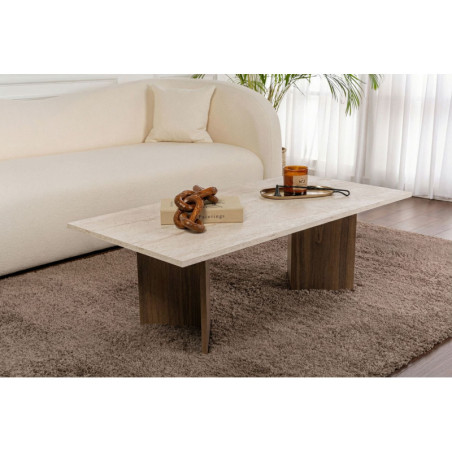 Table Basse - 119 x 40 x 60 cm - Effet Travertin et Décor Noyer
