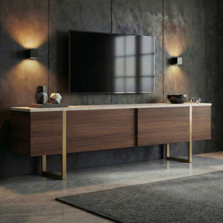 Meuble TV - 180 x 50 x 30 cm - Effet Travertin, Décor Noyer et Doré