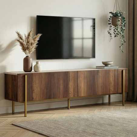 Meuble TV - 180 x 30 x 45 cm - Effet Travertin, Décor Noyer et Doré