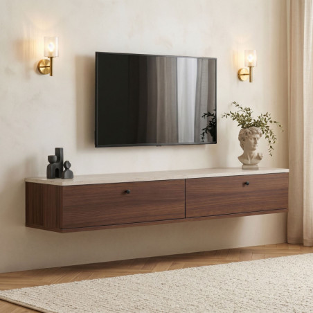 Meuble TV Mural - 160 x 25 x 25 cm - Effet Travertin et Décor Noyer