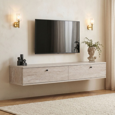 Meuble TV Mural - 160 x 25 x 25 cm - Effet Travertin