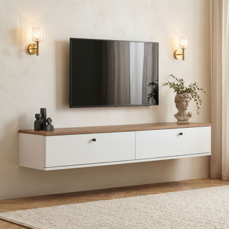 Meuble TV Mural - 160 x 25 x 25 cm - Décor Pin Atlantique et Blanc