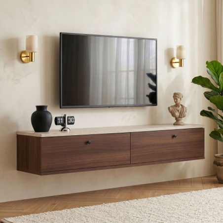 Meuble TV Mural - 140 x 25 x 25 cm - Effet Travertin et Décor Noyer