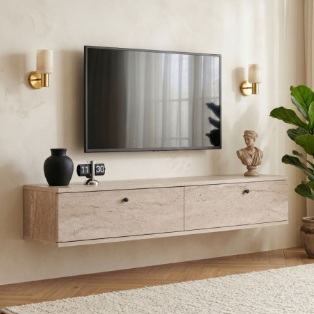 Meuble TV Mural - 140 x 25 x 25 cm - Effet Travertin