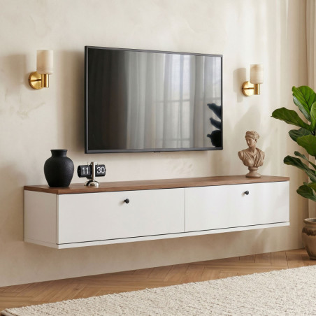 Meuble TV Mural - 140 x 25 x 25 cm - Décor Pin Atlantique et Blanc