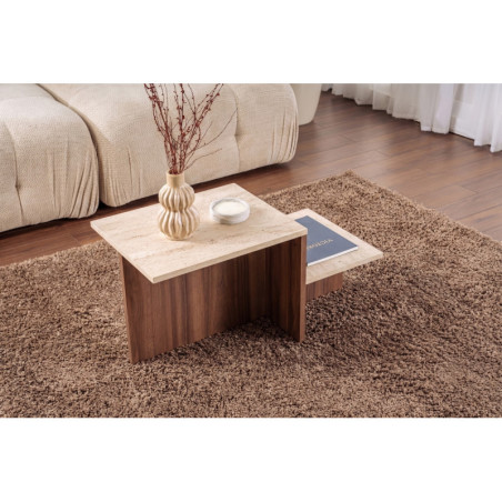 Table Basse - 80 x 40 x 40 cm - Effet Travertin et Décor Noyer