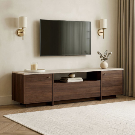 Meuble TV - 180 x 46 x 35 cm - Effet Travertin et Décor Noyer