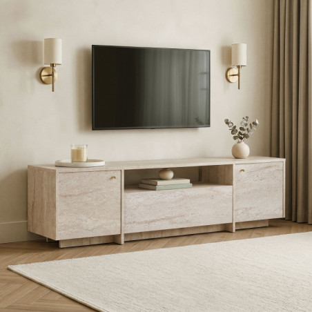 Meuble TV - 180 x 46 x 35 cm - Effet Travertin