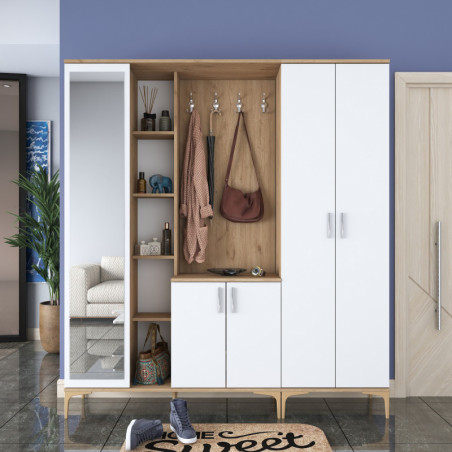 Meuble d'Entrée - 180 x 199 x 38 cm - Noyer et Blanc