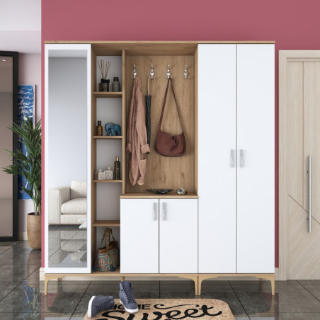 Meuble d'Entrée - 180 x 199 x 38 cm - Noyer et Blanc