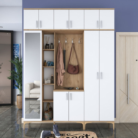 Meuble d'Entrée - 180 x 240 x 38 cm - Noyer et Blanc