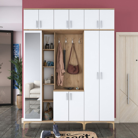 Meuble d'Entrée - 180 x 240 x 38 cm - Noyer et Blanc