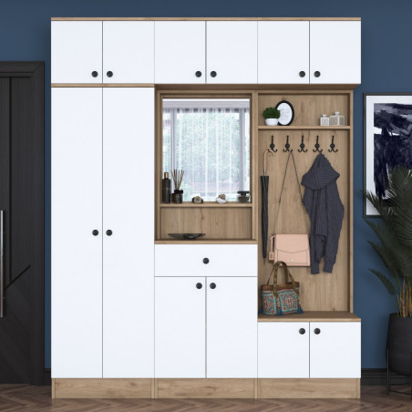 Meuble d'Entrée - 179 x 226 x 38 cm - Blanc et Noyer