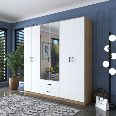 Armoire - 210 x 210 x 52 cm - Noyer et Blanc
