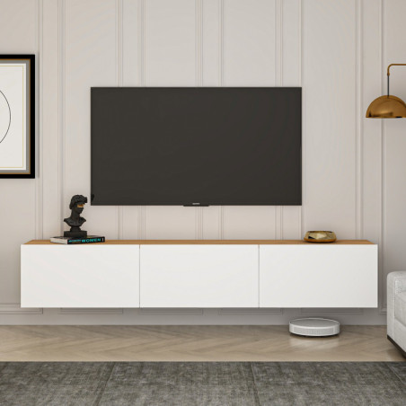 Meuble TV - 150 x 30 x 32 cm - Blanc et Décor Pin Atlantique