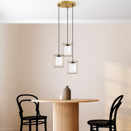 Suspension 3 Lumières - E27 - Platine 30 x 30 cm - H 33 à 113 cm - Doré