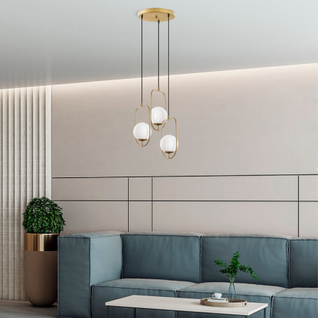 Suspension 3 Lumières - E14 - Ø 15 cm - H 185 cm - Doré