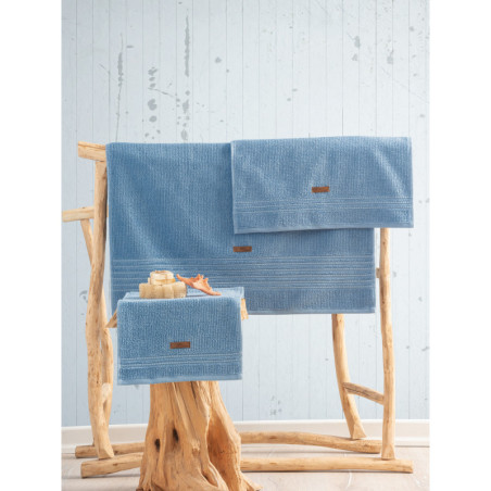 Lot de 3 Serviettes de Bain et Toilette - 75 x 150 cm - Coton 100 % - Bleu