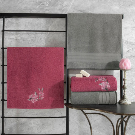 Lot de 4 Serviettes de Bain et Toilette - 90 x 150 cm - Coton 100 % - Gris et Rose