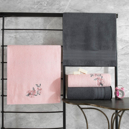 Lot de 4 Serviettes de Bain et Toilette - 90 x 150 cm - Coton 100 % - Anthracite et Rose