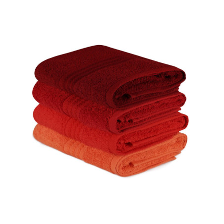 Lot de 4 Serviettes Invité - 30 x 50 cm - Coton 100 % - Orange Clair, Orange, Rouge et Fuchsia