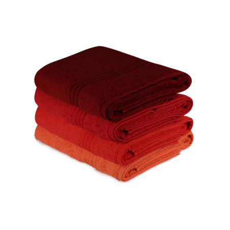 Lot de 4 Draps de Bain - 70 x 140 cm - Coton 100 % - Orange Clair, Orange, Rouge et Fuchsia