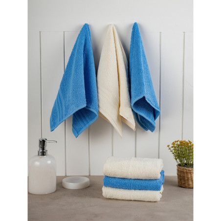 Lot de 6 Serviettes Invité - 30 x 50 cm - Coton 100 % - Bleu et Crème