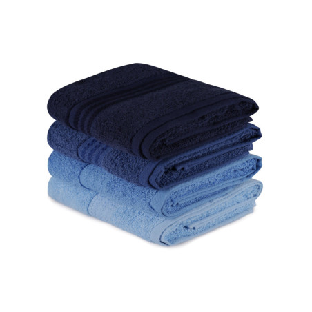 Lot de 4 Serviettes de Toilette - 50 x 90 cm - Coton 100 % - Bleu Foncé, Bleu et Bleu Clair