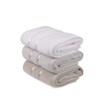 Lot de 3 Serviettes de Toilette - 50 x 90 cm - Microcoton 100 % - Blanc, Bleu Clair et Marron Clair