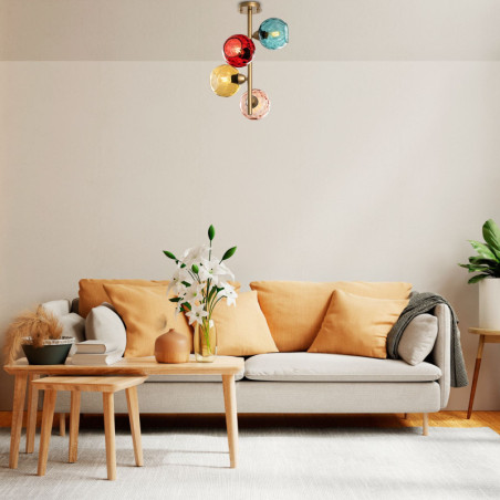 Suspension 4 Lumières - E27 - 40 x 40 x 55 cm - Multicolore et Doré