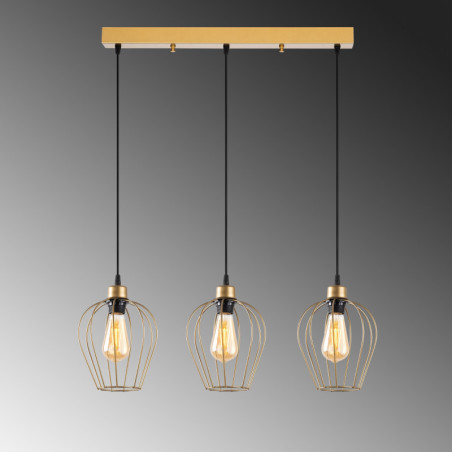 Suspension 3 Lumières - E27 - L 70 cm - H 30 à 115 cm - Doré