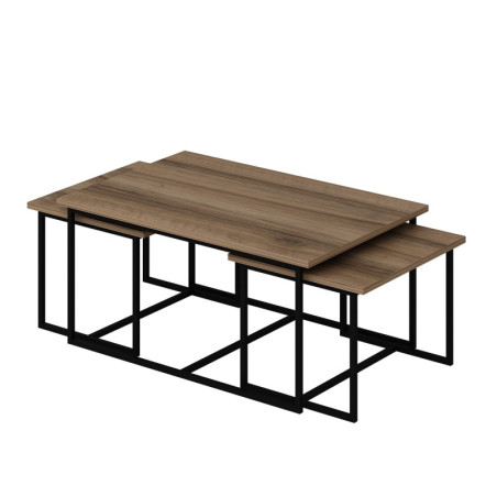 Lot de 3 Tables Gigognes - Structure Métal - 90 x 42 x 60 cm - Décor Noyer