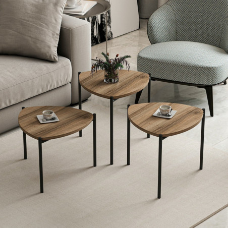 Lot de 3 Tables Gigognes - Structure Métal - 45 x 45 x 45 cm - Décor Noyer